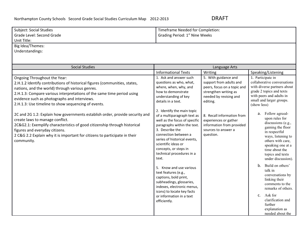 Northampton County Schools Secondgradesocial Studies Curriculum Map 2012-2013 DRAFT