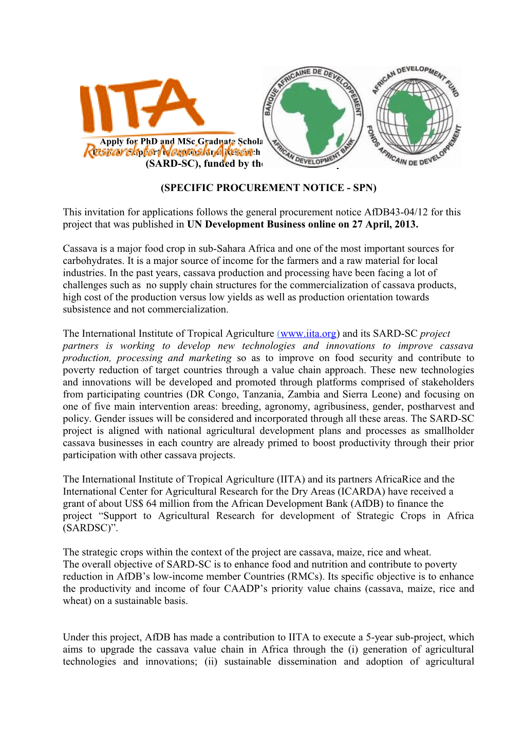 Project Support to Agricultural Research for Development of Strategic Crops in Africa