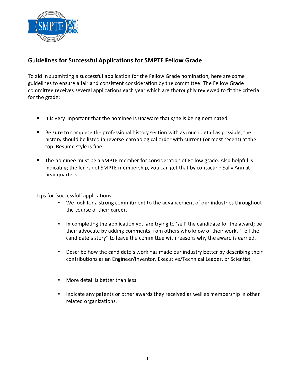 Guidelines for Successful Applications for SMPTE Fellow Grade