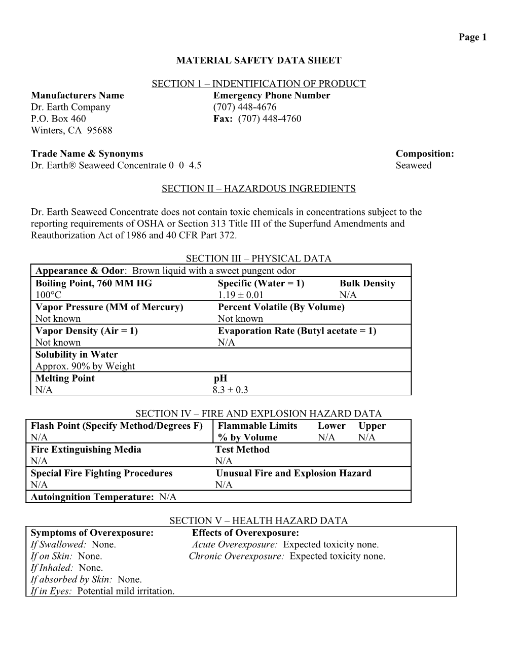 Seaweed Concentrate MSDS Info-Sheet