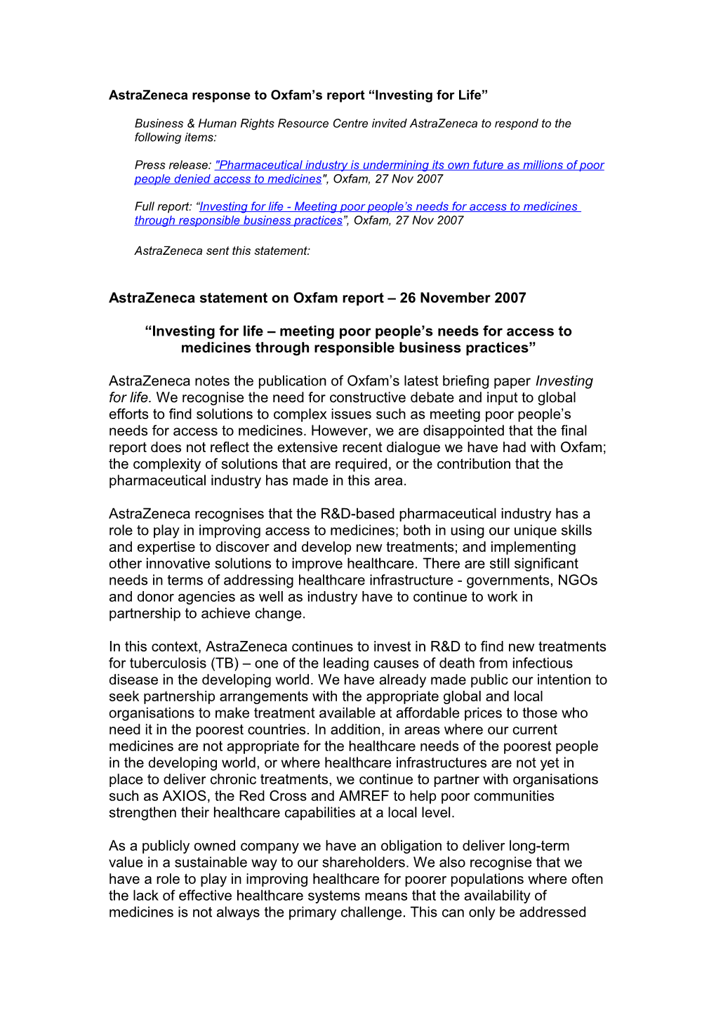 Astrazeneca Statement on Oxfam Report 26 November 2007