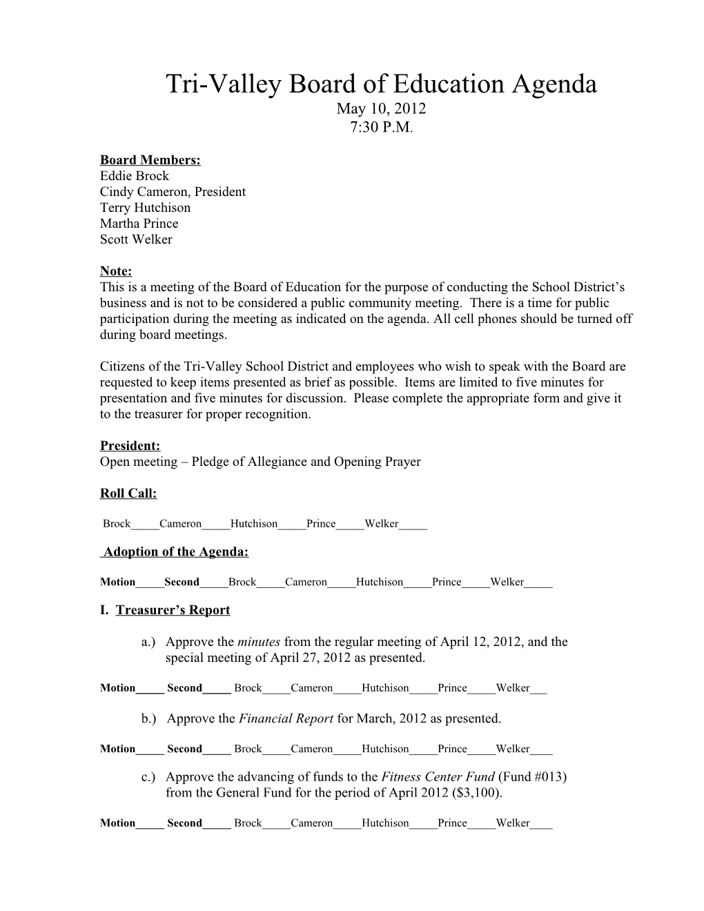 Tri-Valley Board of Education Agenda May 10, 2012