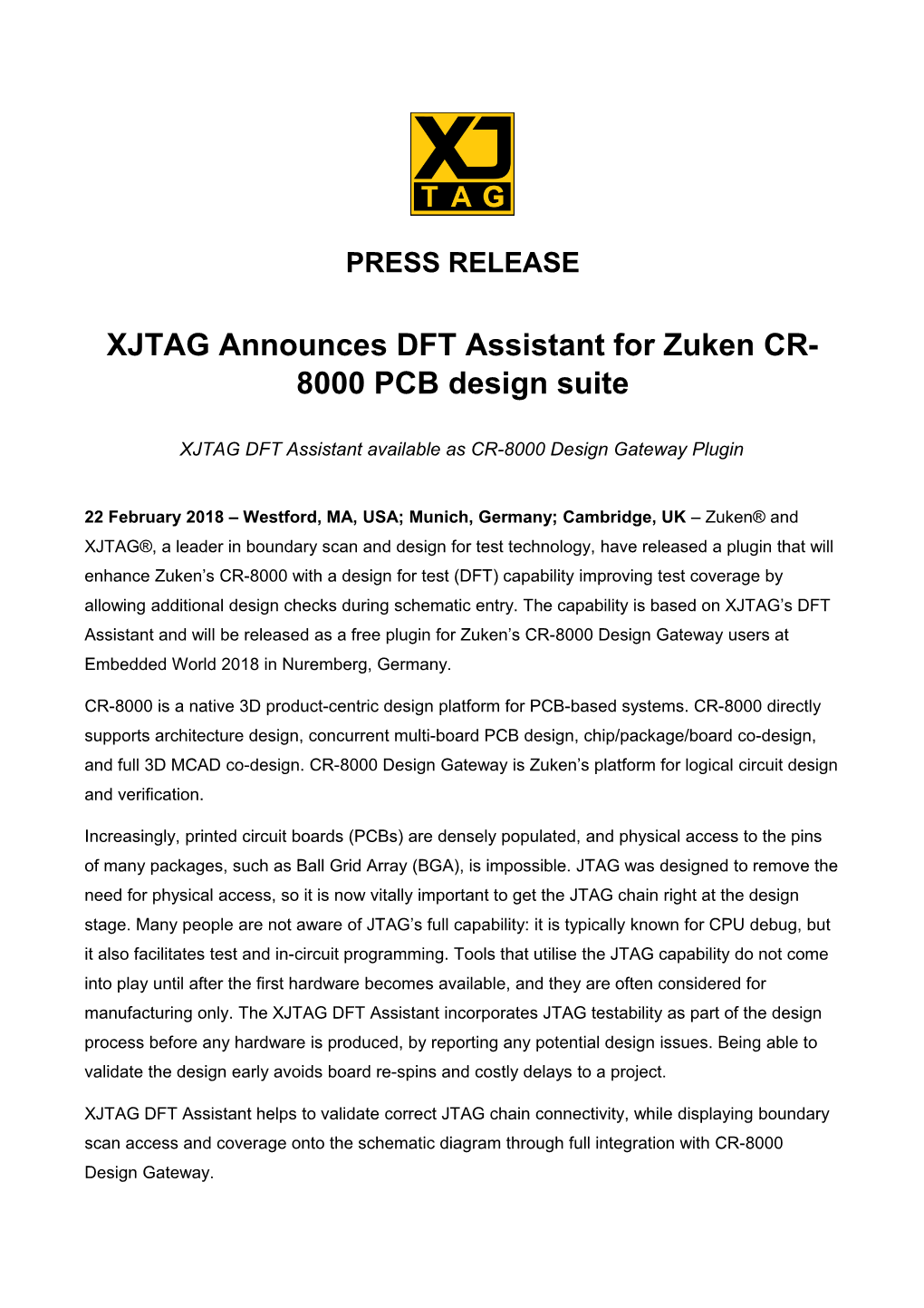 XJTAG Announces DFT Assistant for Zuken CR-8000 PCB Design Suite