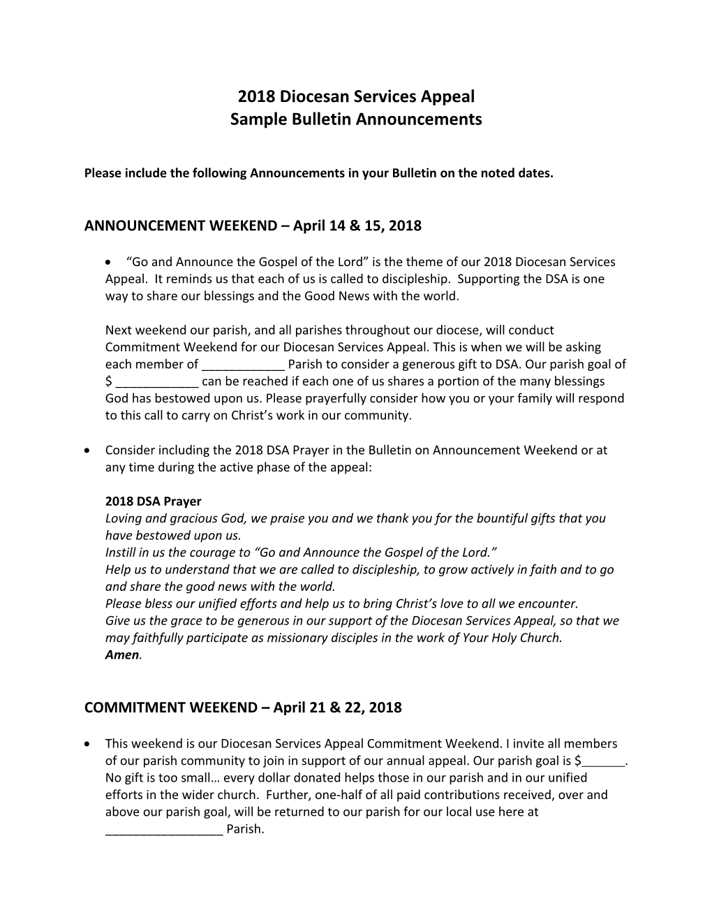 Please Include the Following Announcements in Your Bulletin on the Noted Dates