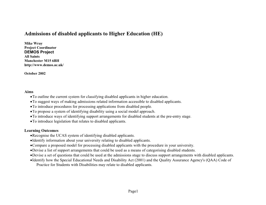 Admissions of Disabled Applicants to Higher Education (HE)