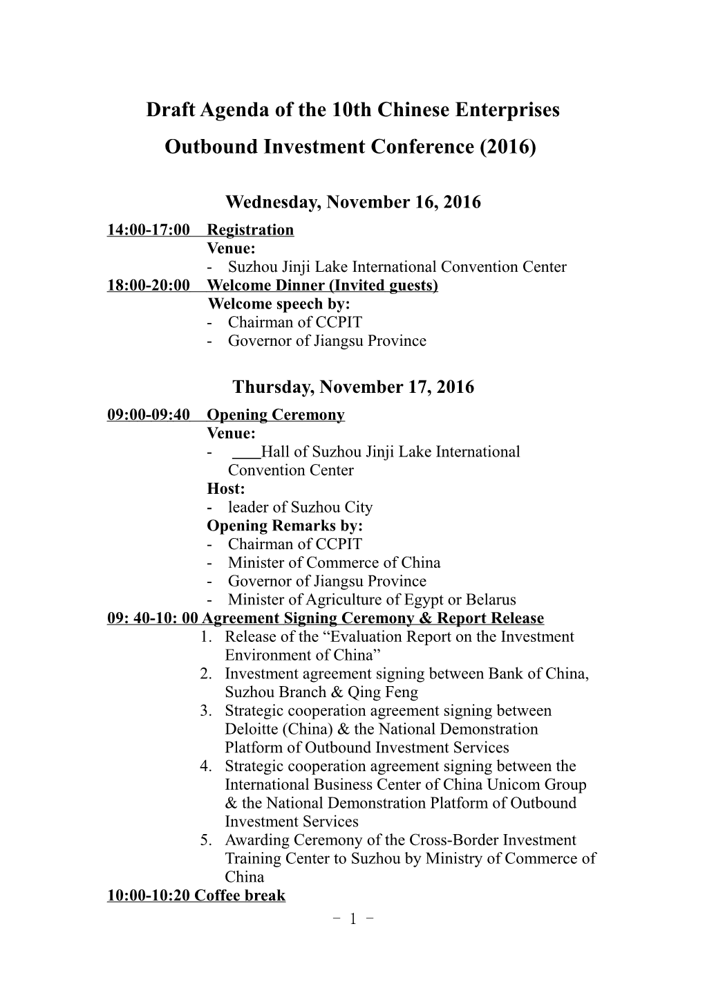 Draft Agenda of the 10Th Chinese Enterprises Outbound Investment Conference (2016)