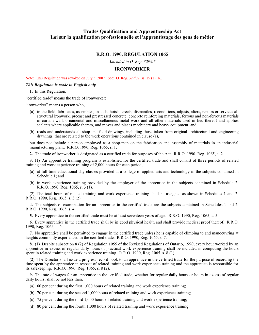 Trades Qualification and Apprenticeship Act - R.R.O. 1990, Reg. 1065