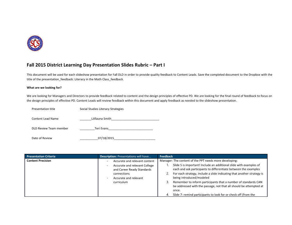 Fall 2015 District Learning Day Presentation Slides Rubric Part I