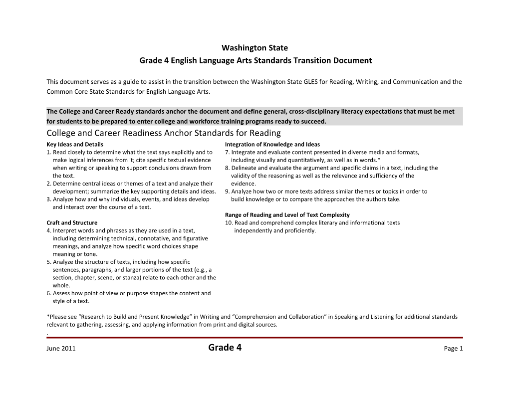 Grade 4 English Language Arts Standards Transition Document