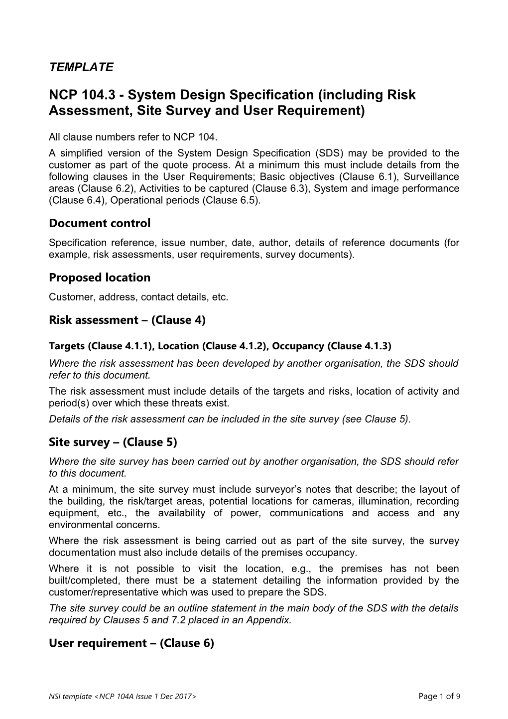 NCP 104.3 - System Design Specification (Including Risk Assessment, Site Survey and User