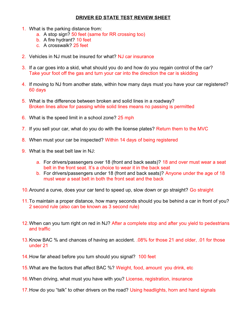 Driver Ed State Test Review Sheet