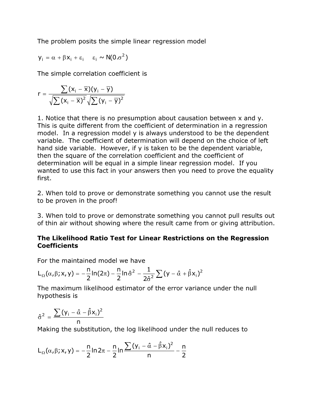 The Problem Posits the Simple Linear Regression Model