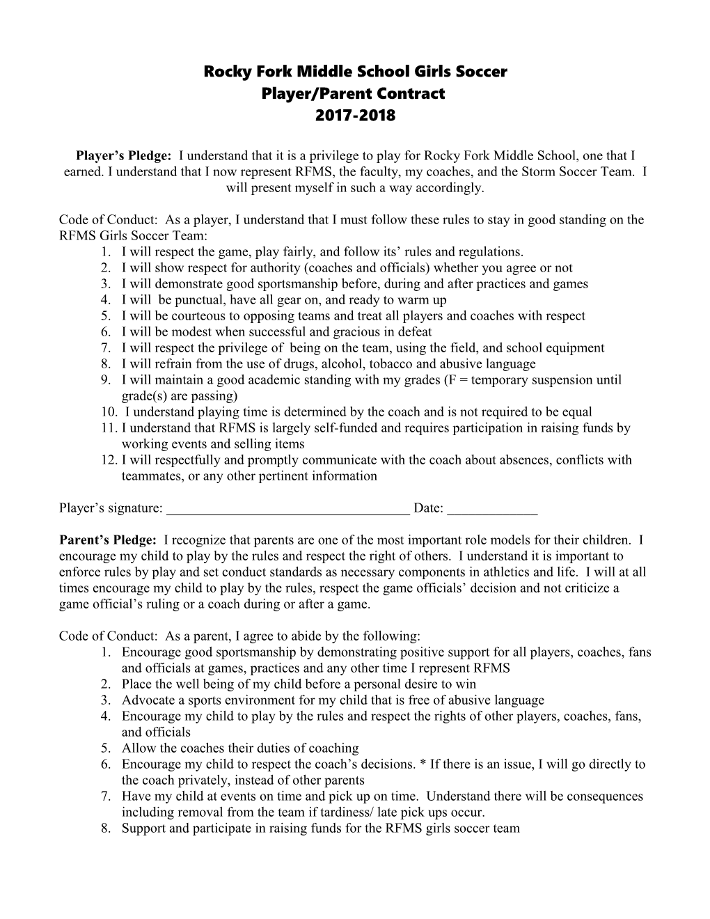 Player/Parent Contract