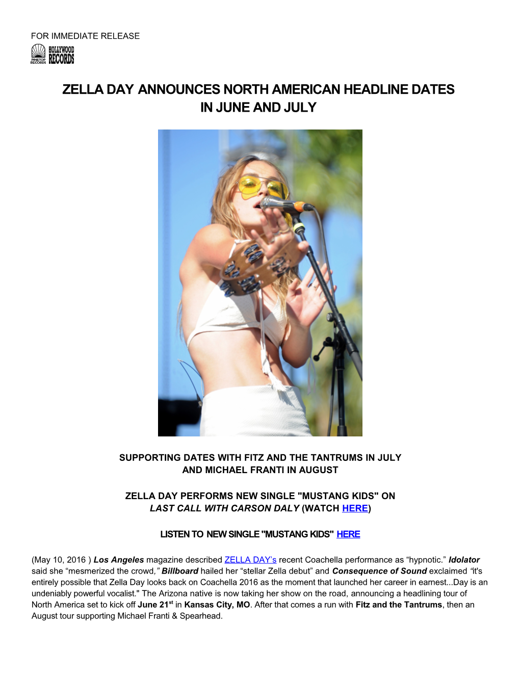 Zella Dayannounces North American Headlinedates in June and July