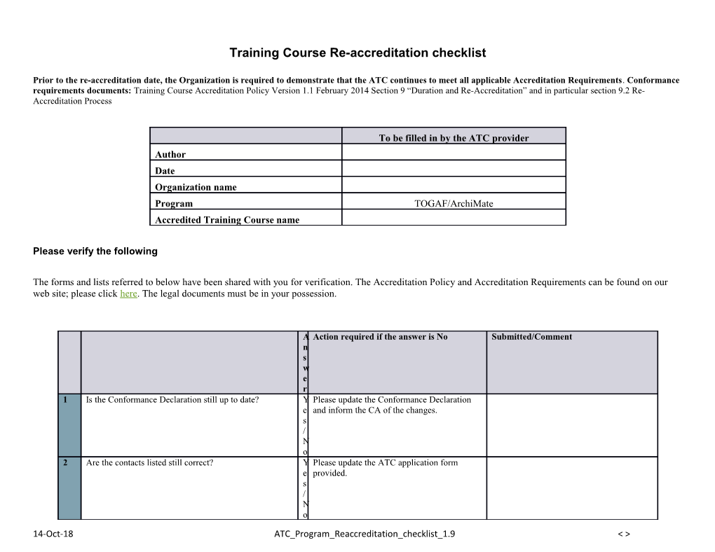 Training Course Re-Accreditation Checklist