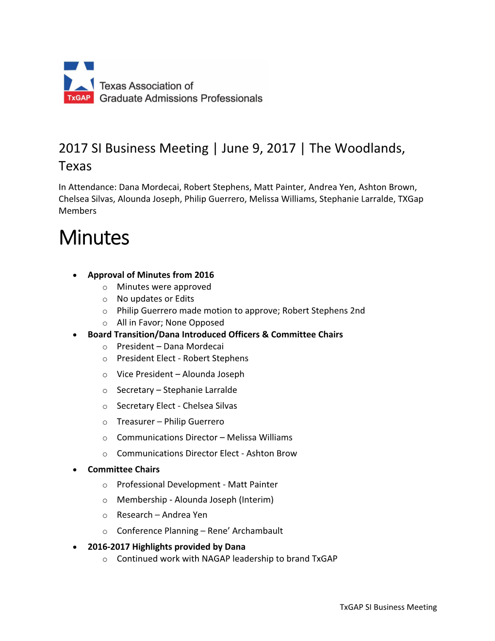 2017 SI Business Meeting June 9, 2017 the Woodlands, Texas