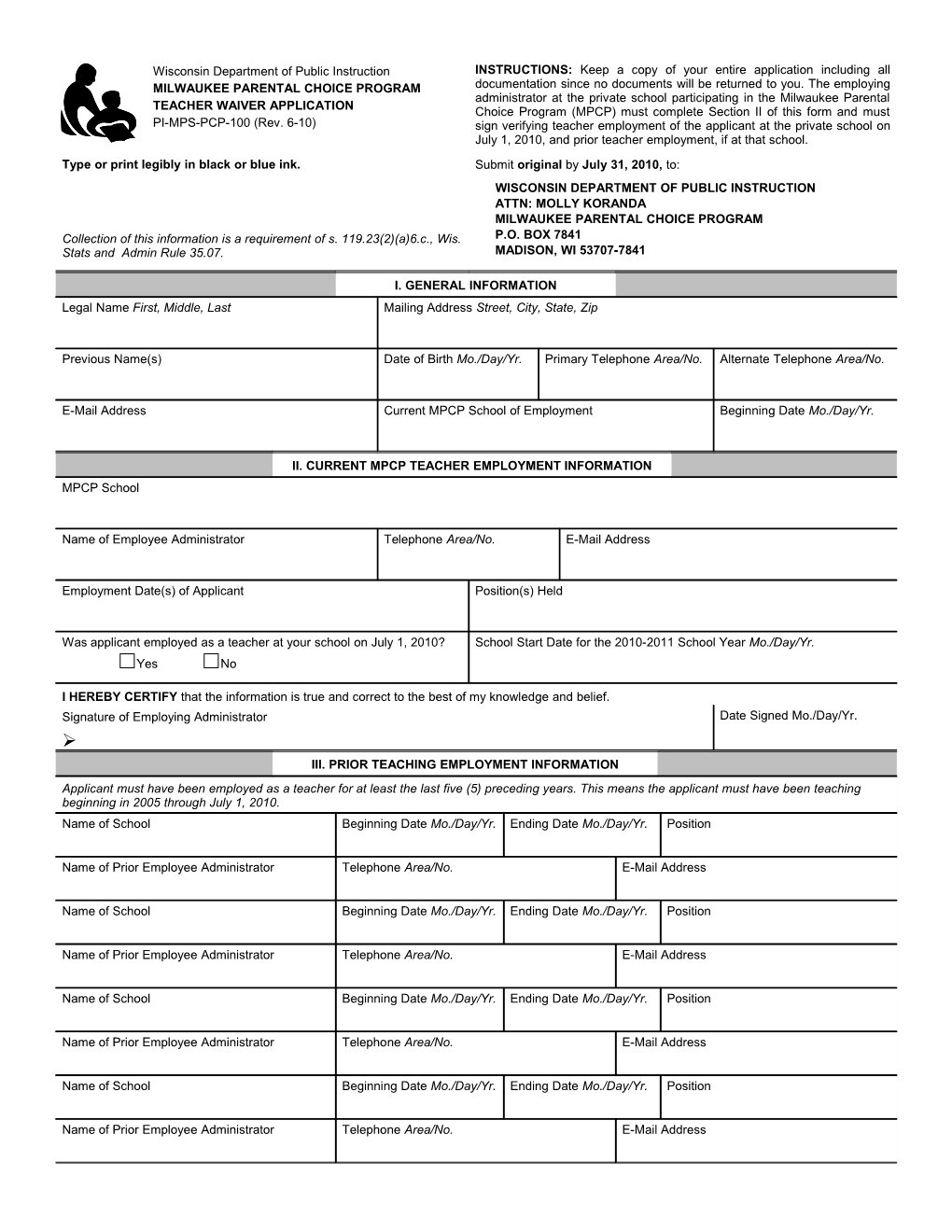 PI-MPS-PCP-100 Milwaukee Parental Choice Program Teacher Waiver Application