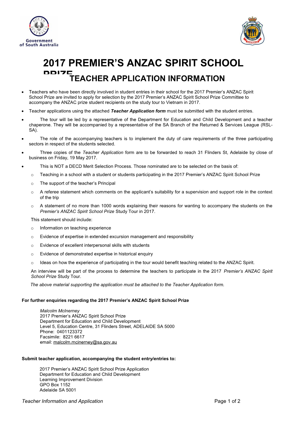 Teacher Application Information - 2017 Premier's ANZAC Spirit School Prize
