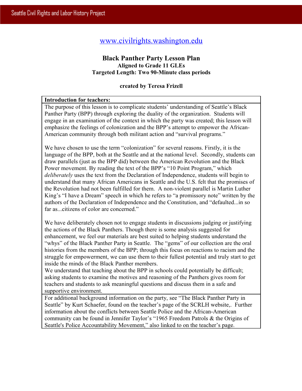 Black Panther Party Lesson Plan