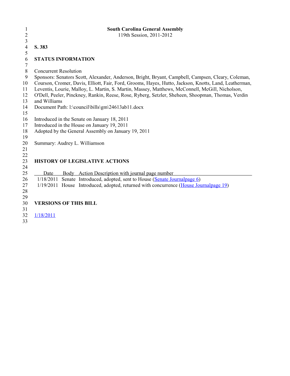 2011-2012 Bill 383: Audrey L. Williamson - South Carolina Legislature Online