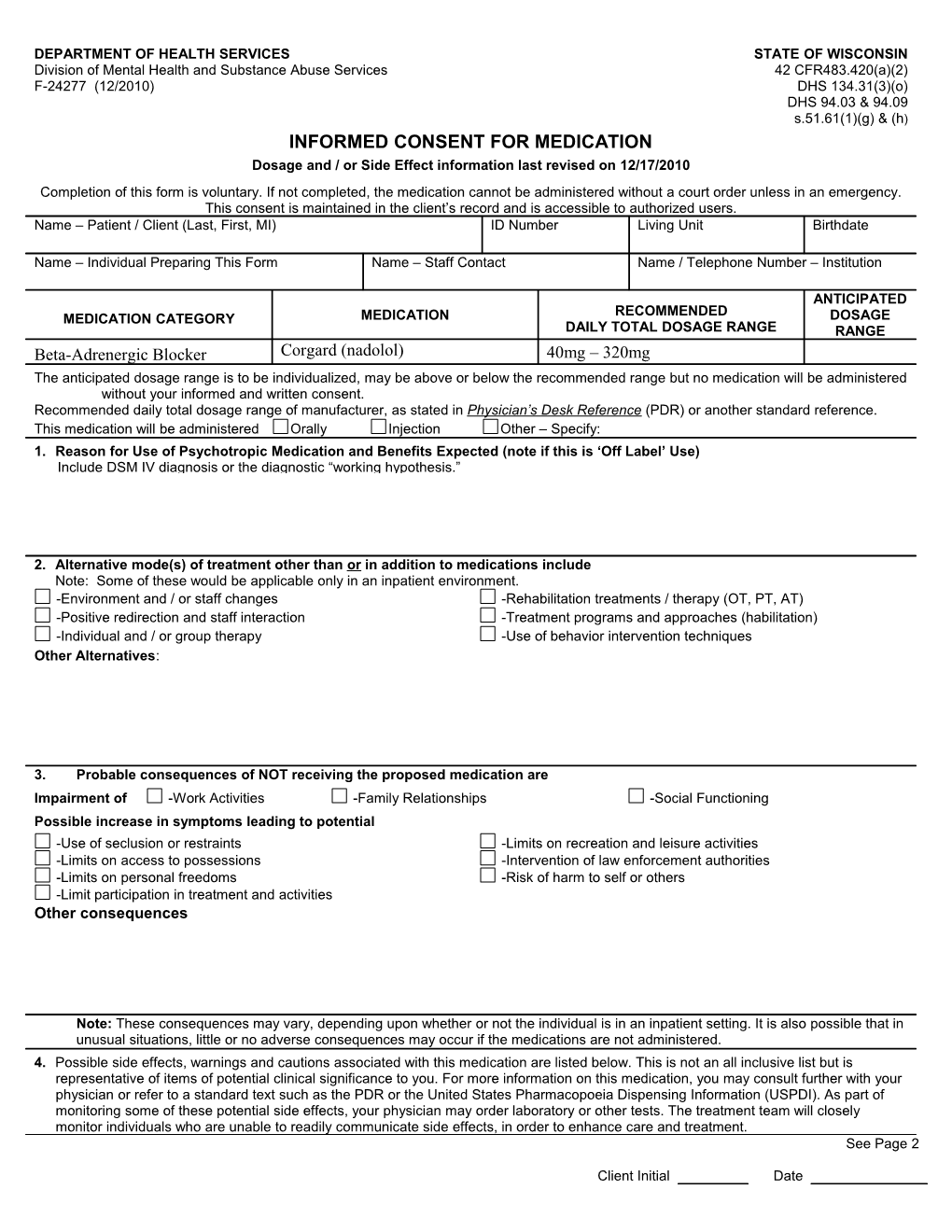 Informed Consent for Medication, F-24277, Corgard