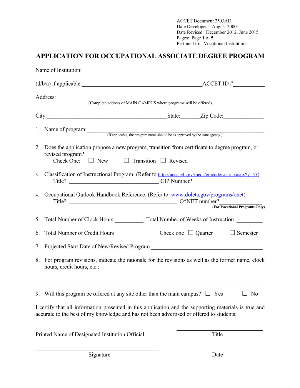 Application for Occupational Associate Degree Program