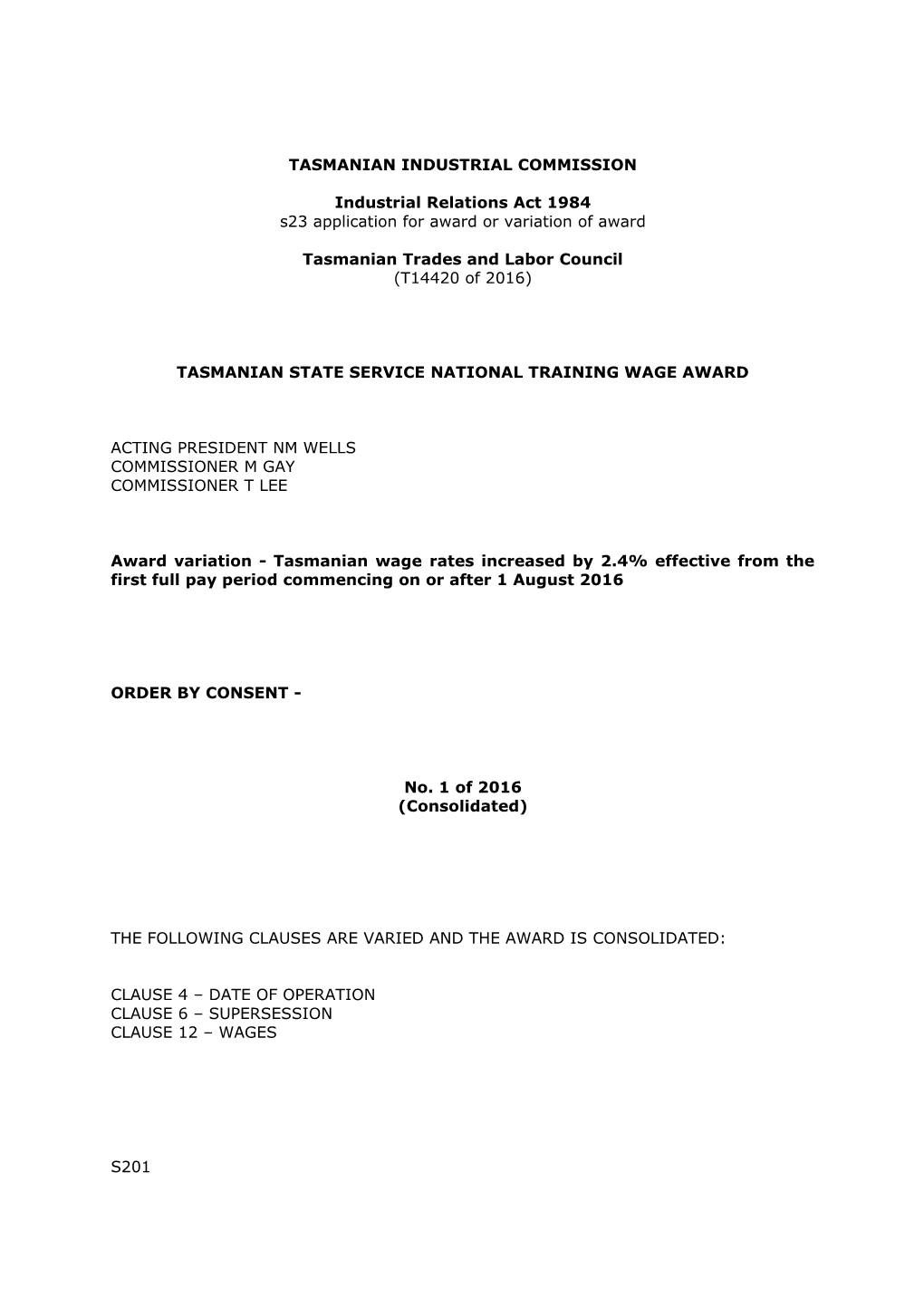 Tasmanian State Service National Training Wage Award