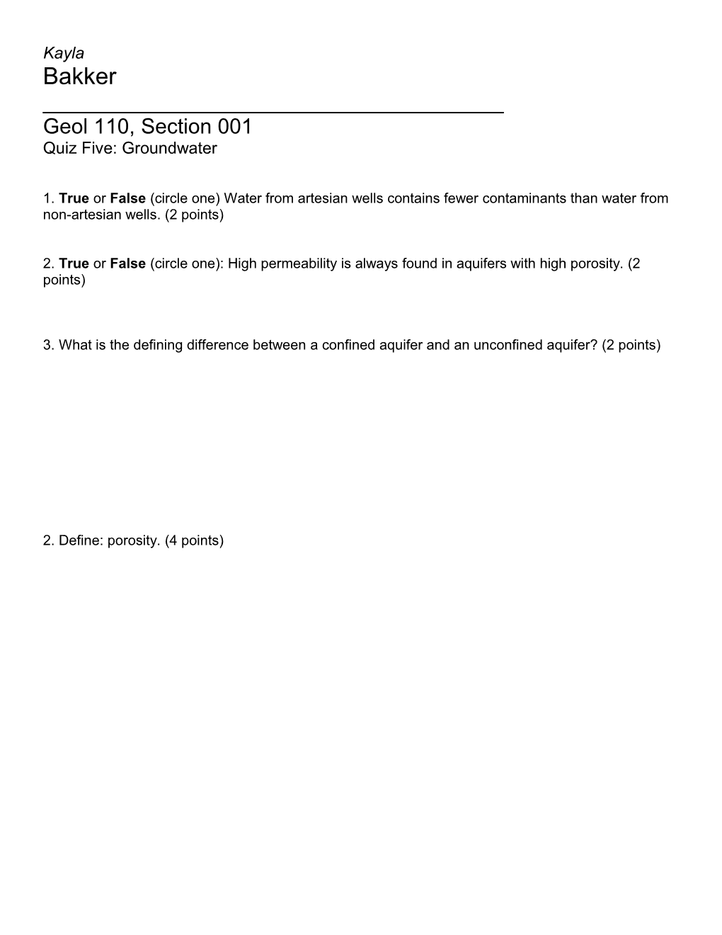 Quiz Five: Groundwater