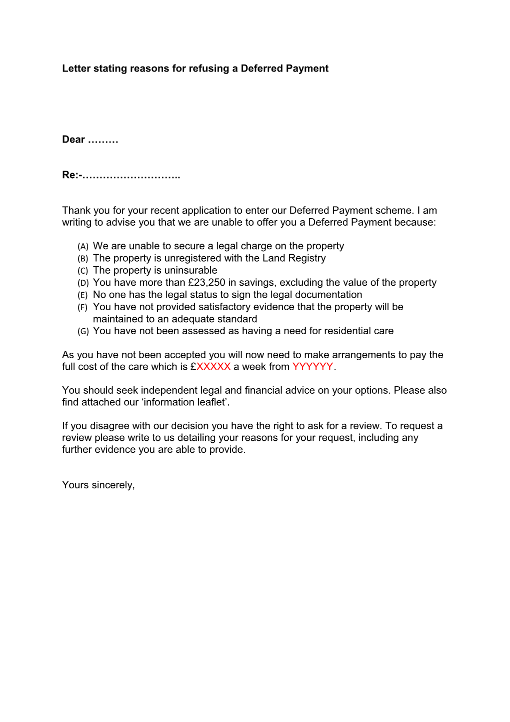 Letter Stating Reasons for Refusing a Deferred Payment