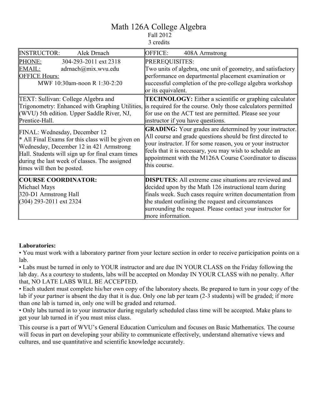 Math 126A College Algebra