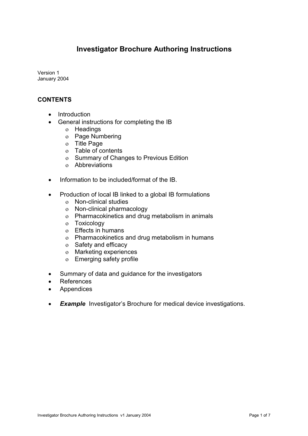 Investigator Brochure Authoring Instructions