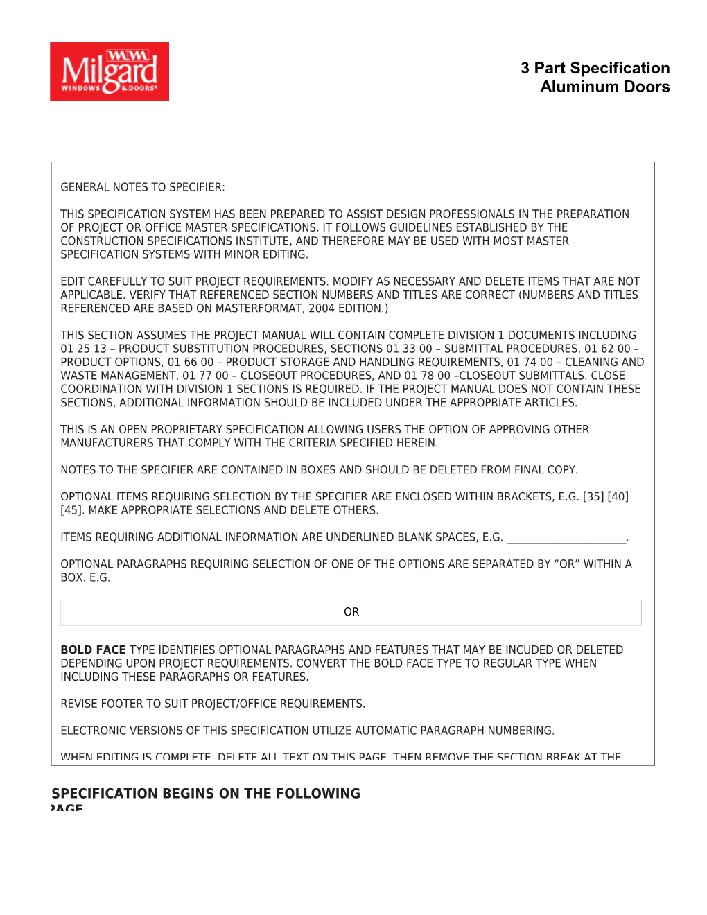 Milgard Windows3 Part Door Specification Aluminum Doors Page 1 of 10