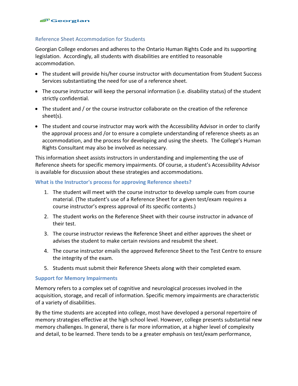 Reference Sheet Accommodation for Students