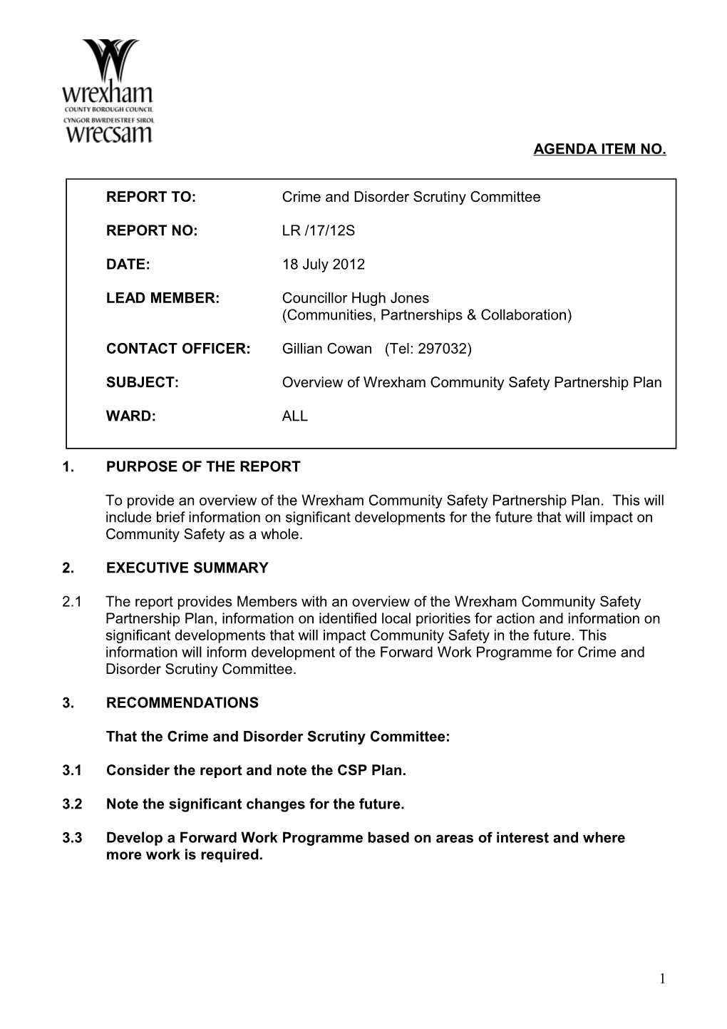 REPORT TO:Crime and Disorder Scrutiny Committee