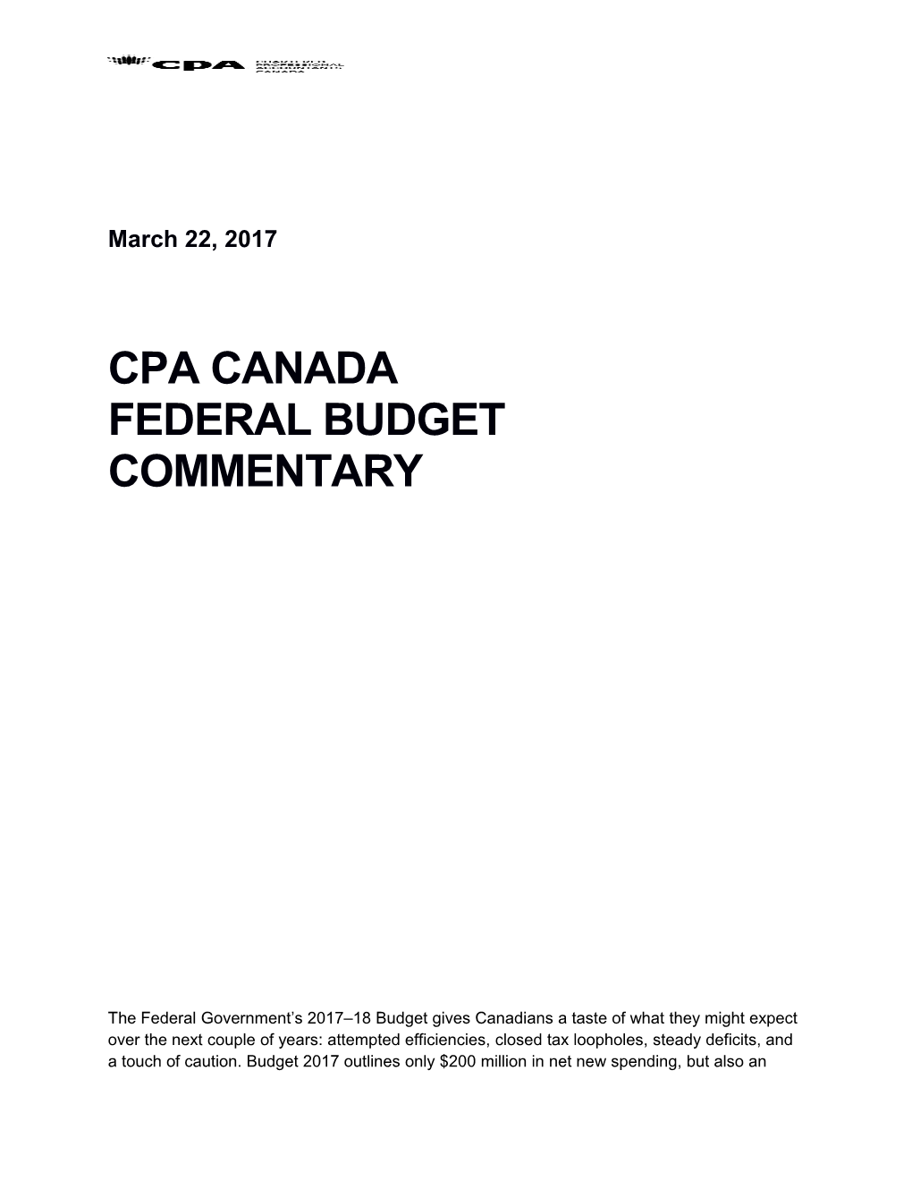 1Federal Budget Commentary 2017