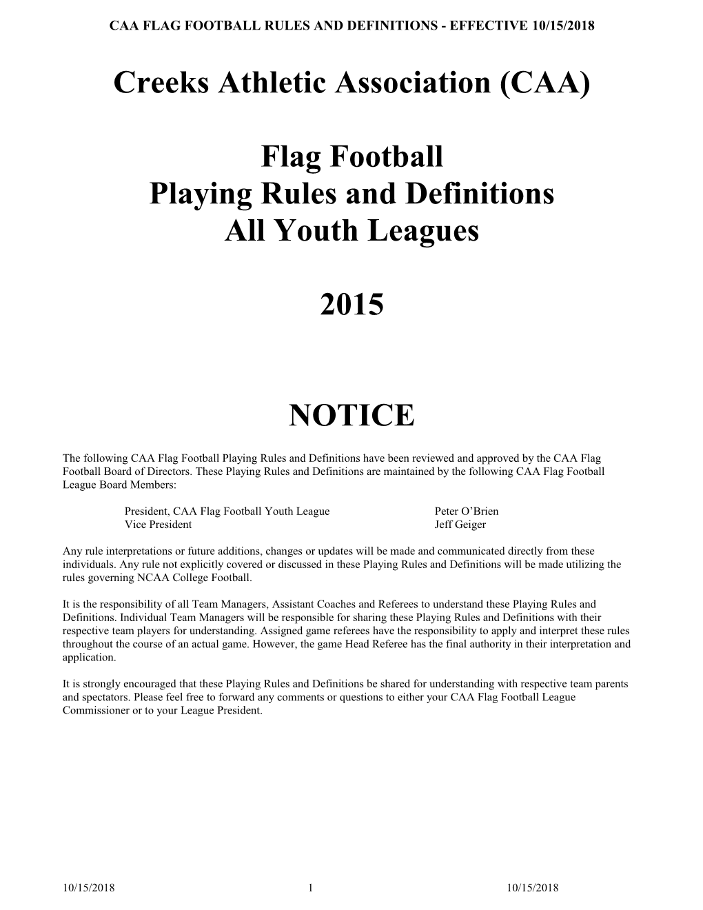 Caa Flag Football Rules and Definitions - Effective 10/22/2018