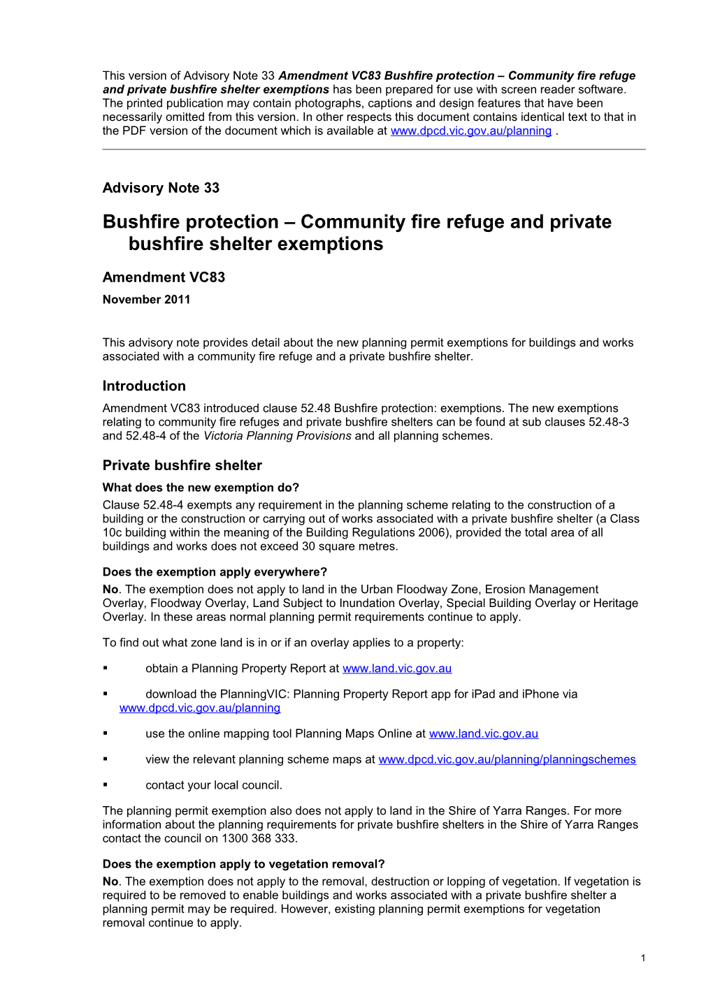 Advisory Note 33 Amendment VC83 Bushfire Protection Community Fire Refuge and Private Bushfire