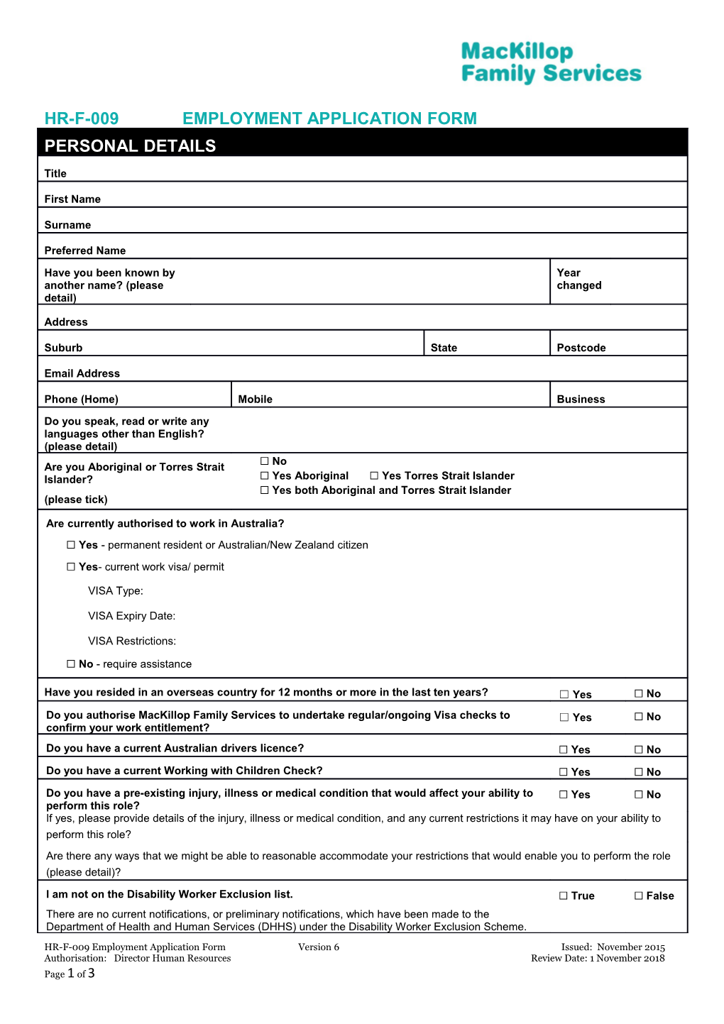 HR-F-009 Mackillop Employment Application Form