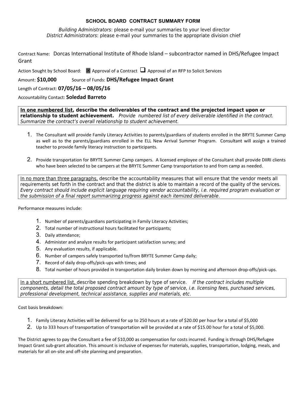 School Board Contract Summary Form