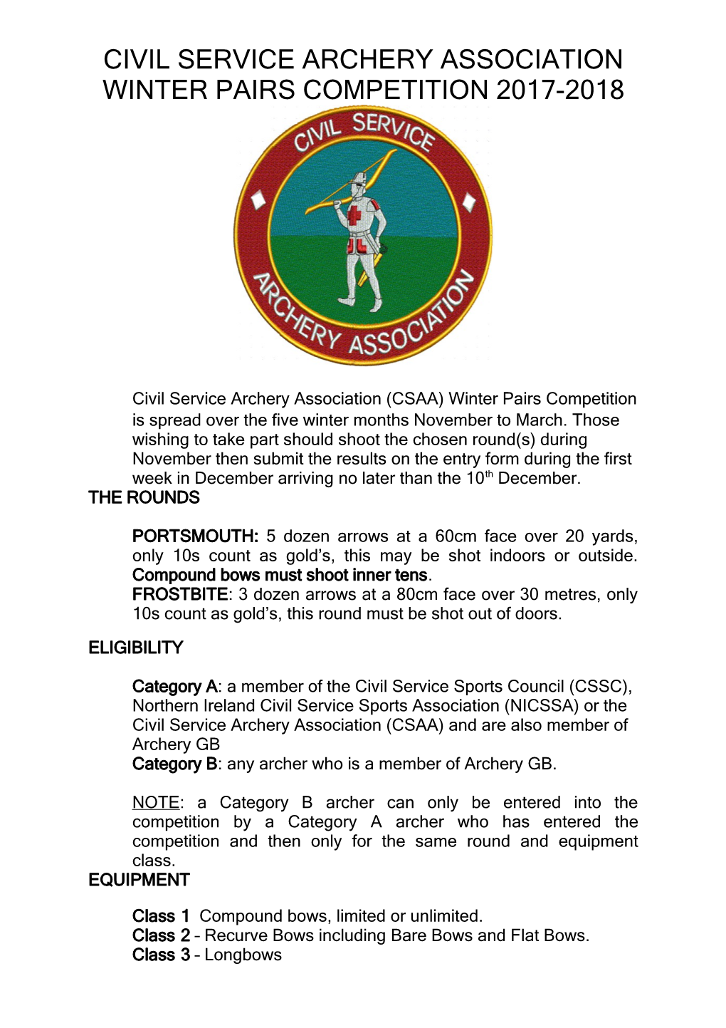 Civil Service Archery Association Winter Pairs Competition 2017-2018