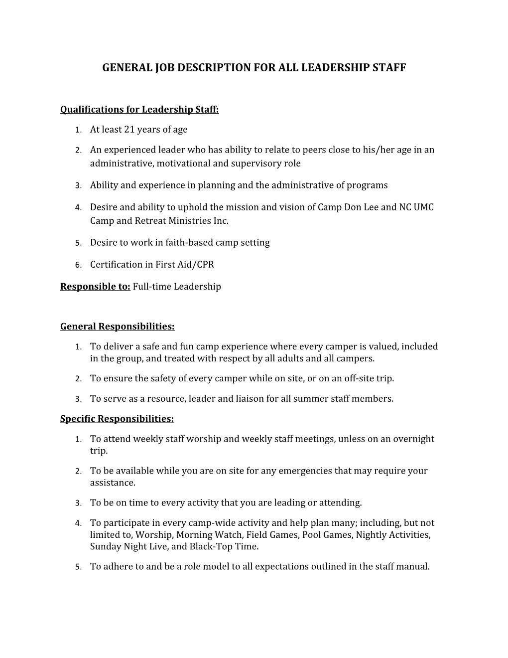 General Job Description for All Leadership Staff