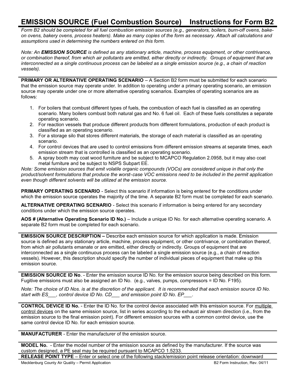 EMISSION SOURCE (Fuel Combustion Source) Instructions for Form B2