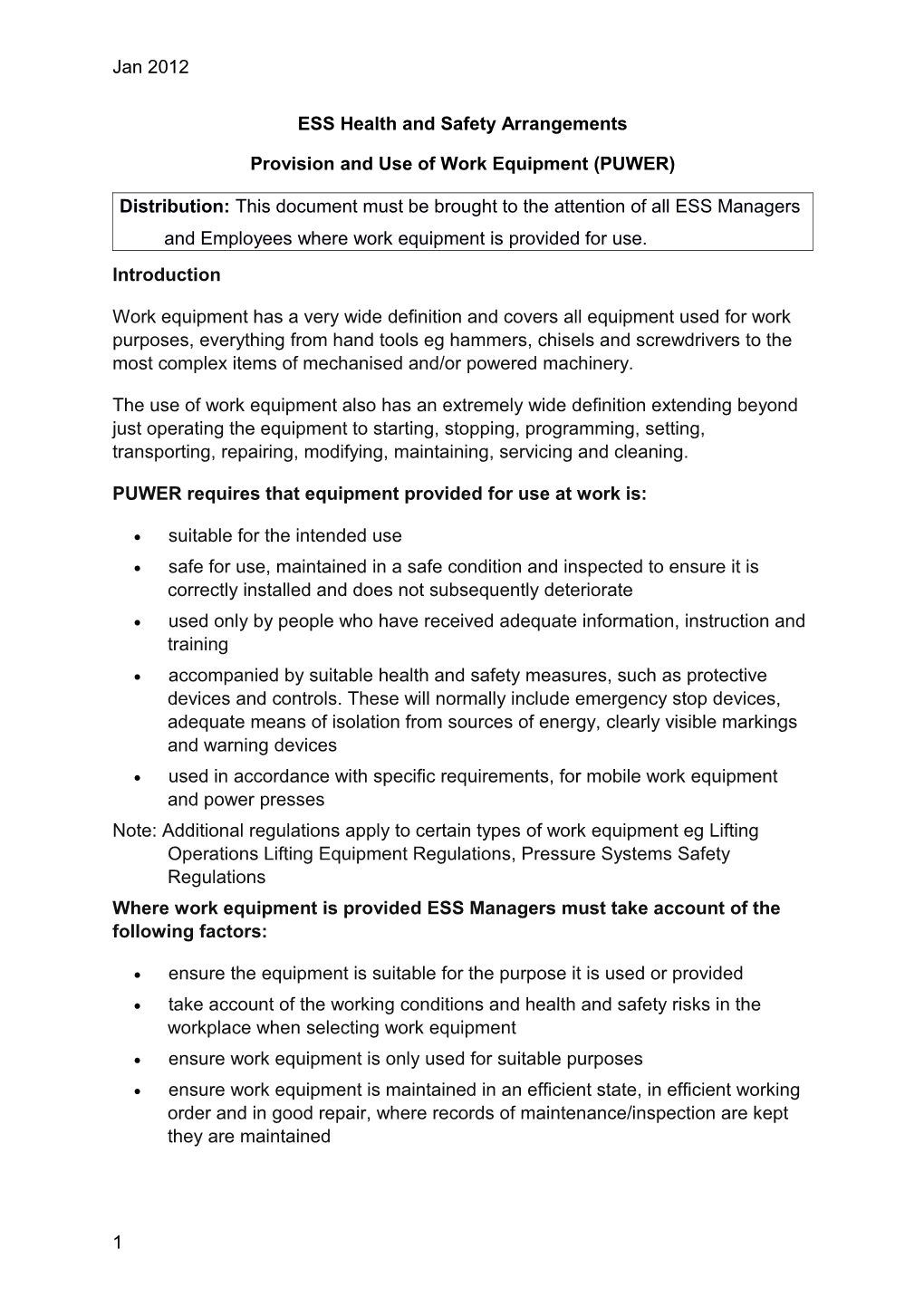 ESS Health and Safety Arrangements