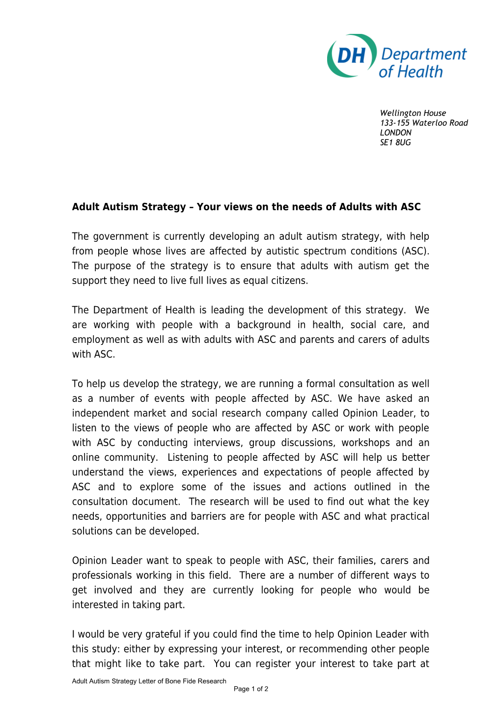 Adult Autism Strategy Your Views on the Needs of Adults with ASC