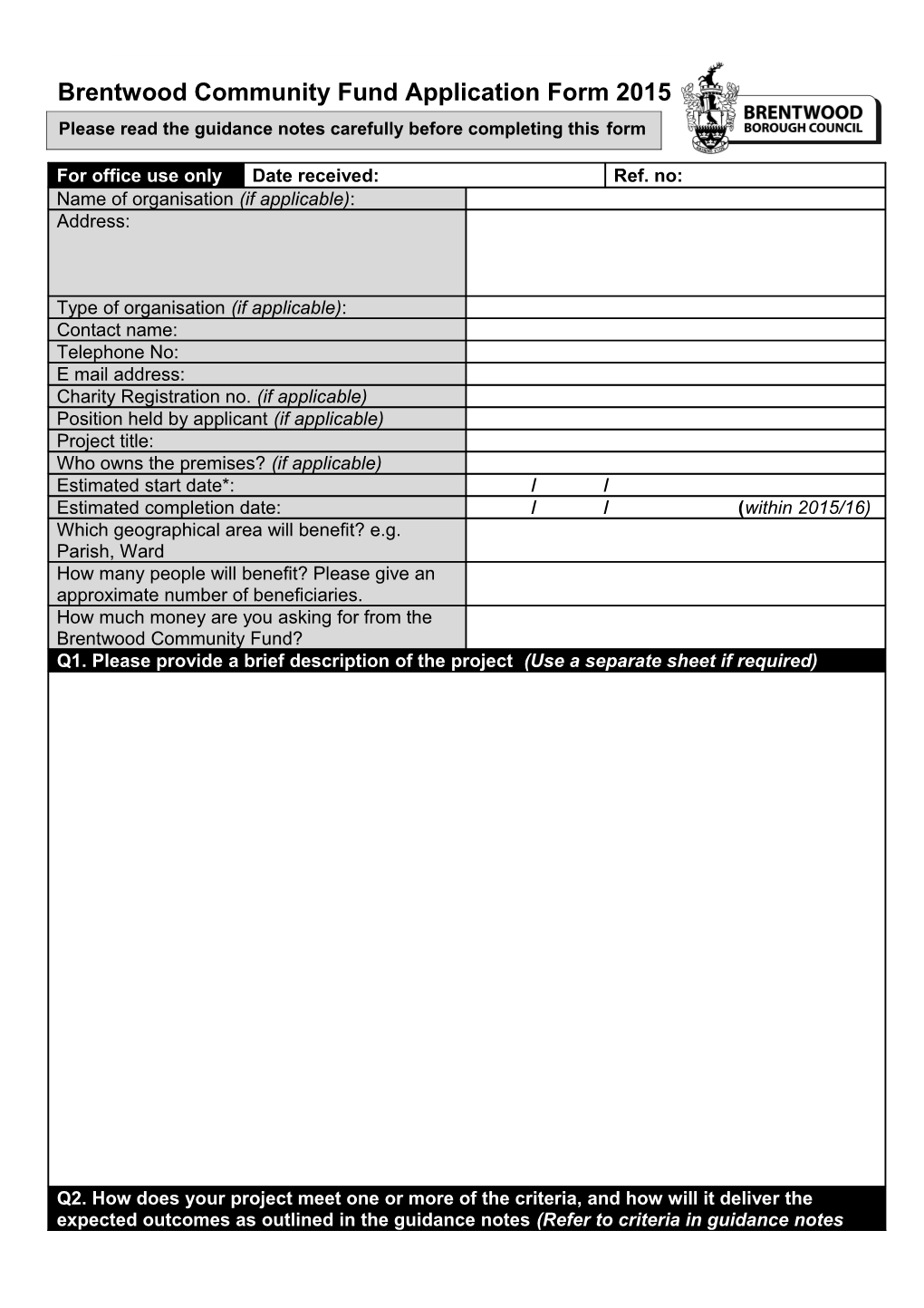 Brentwood Community Fund Application Form 2015