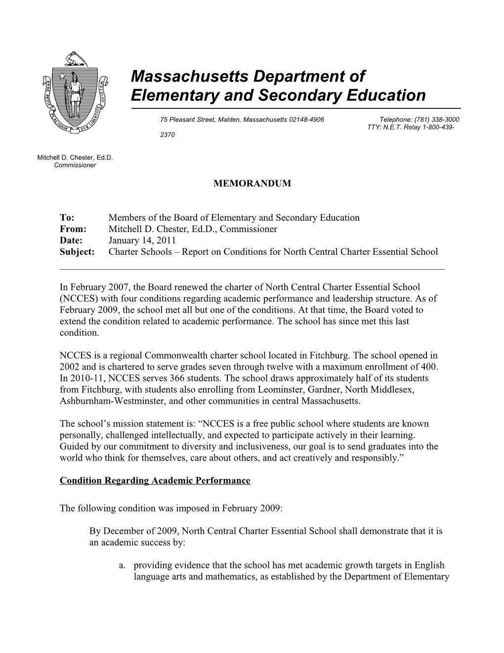 Board Memorandum, Charter Schools - Report on Conditions for North Central Charter Essential