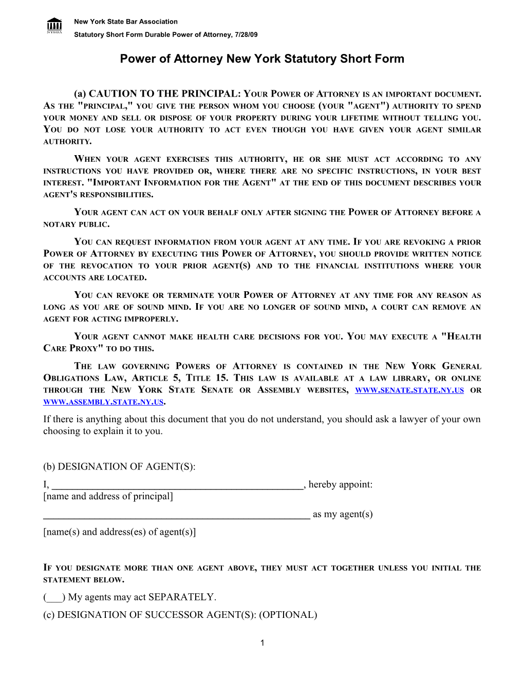 Power of Attorney New York Statutory Short Form