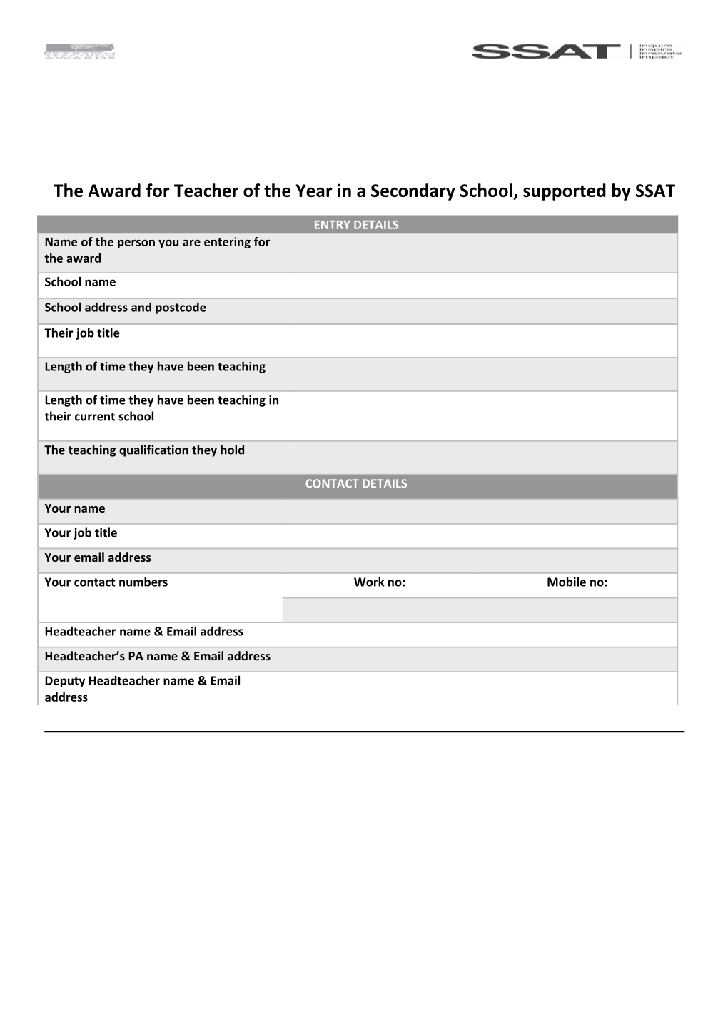 The Award for Teacher of the Year in a Secondary School, Supported by SSAT