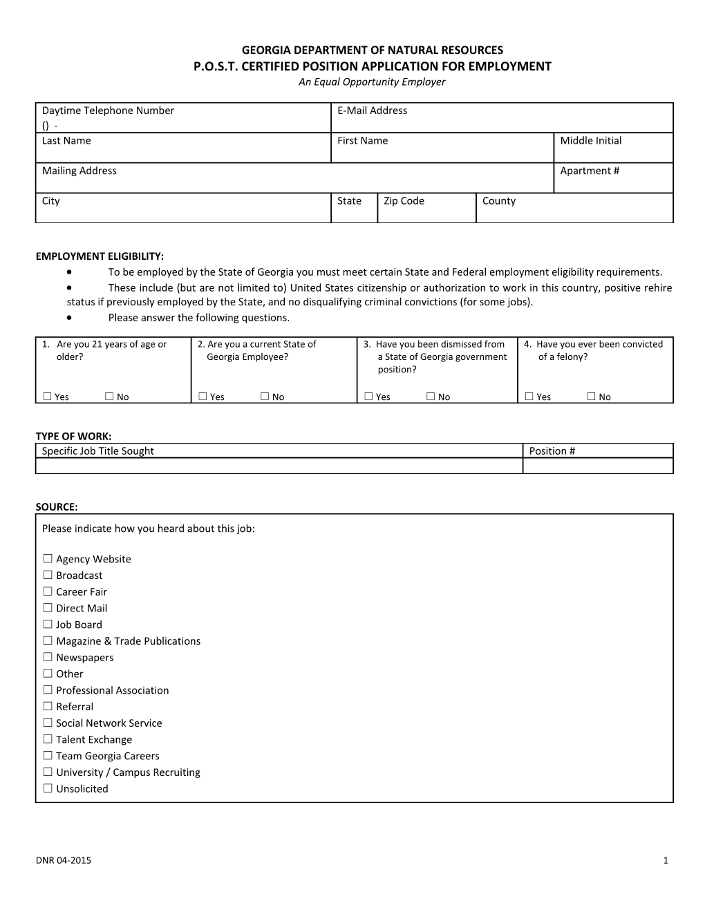 P.O.S.T. Certified Position Application for Employment