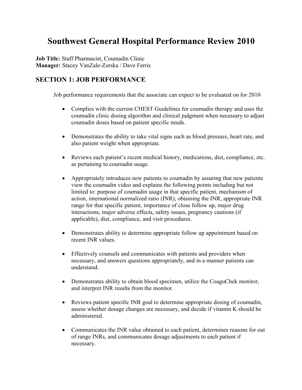 Southwest General Hospital Performance Review 2010